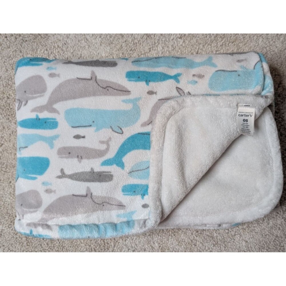 Carters Aqua Blue Gray Whales Ocean Soft Baby Security Blanket 28X38 2019